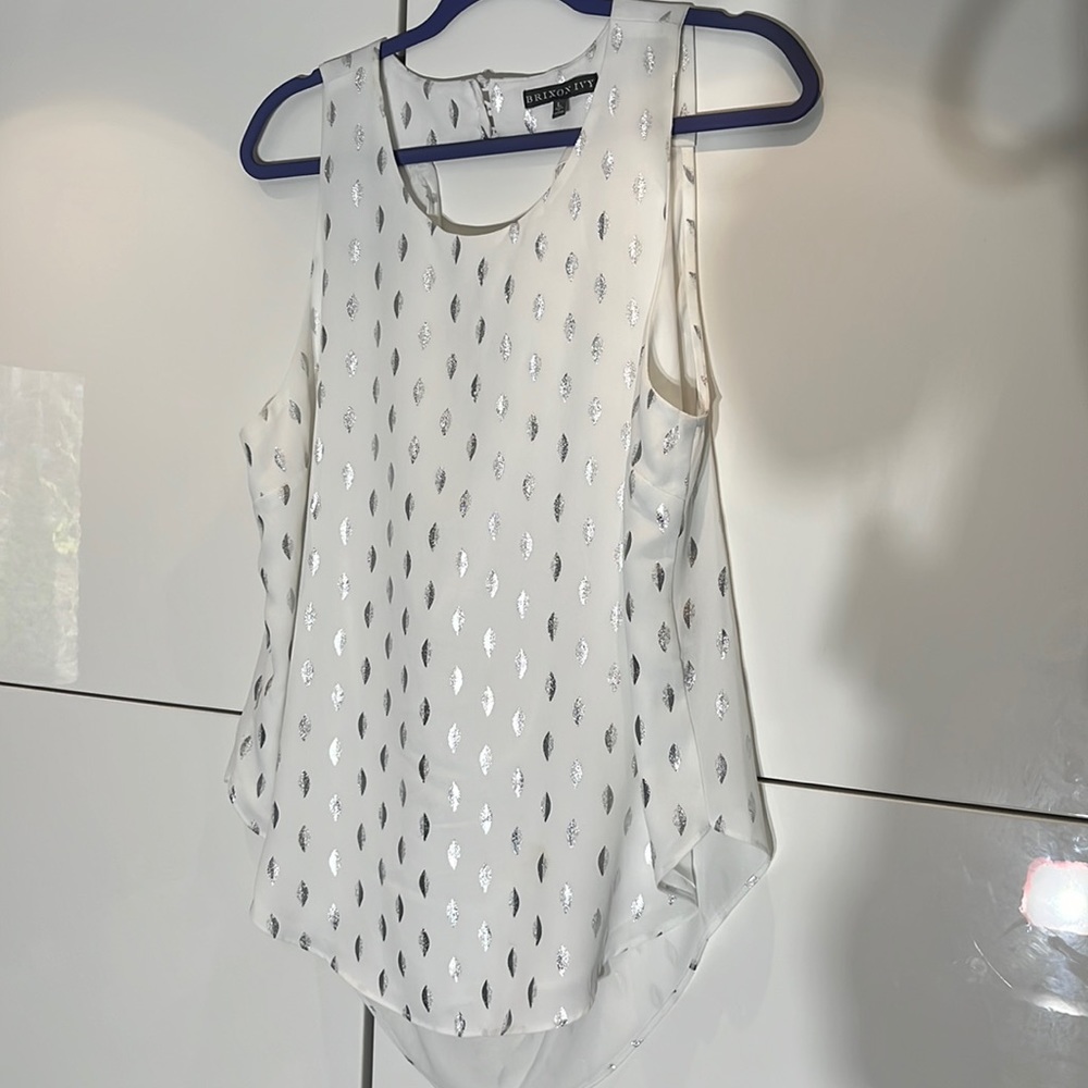 Brixon Ivy white dressy tank top with draped back and silver leaf designs sz L